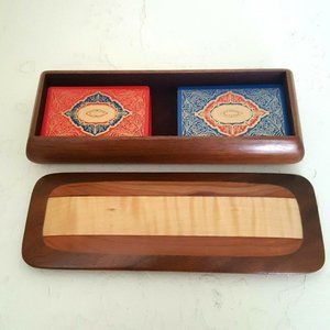 Folk Art Inlaid Wood Lidded Box w Playing Cards for Jewelry Trinkets Dresser 9"